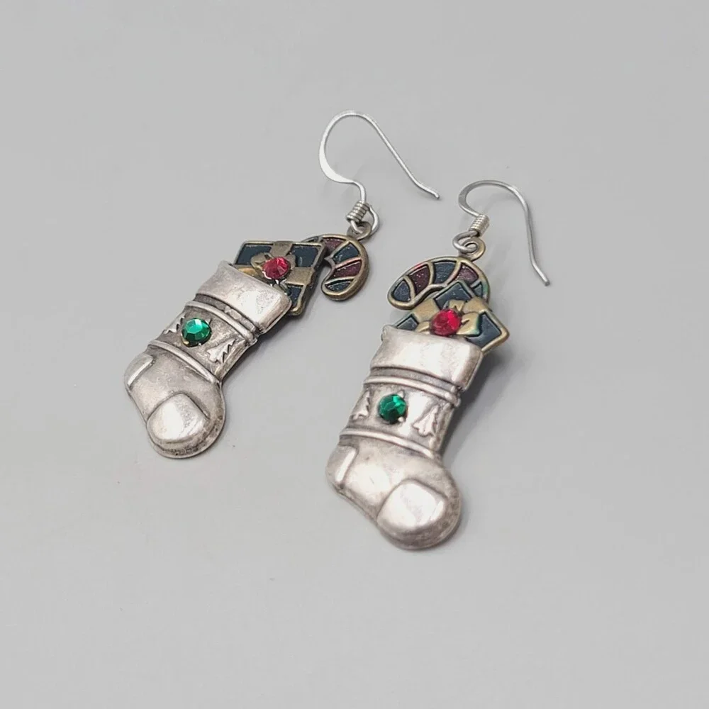 Vintage Christmas Stocking Pierced Earrings Enamel Silver tone Dangle 1 3/8" - Picture 5 of 6